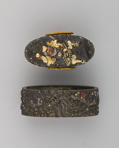 Sowrd-Hilt Collar and Pommel (Fuchigashira), Copper-silver alloy (shibuichi), gold, Japanese 