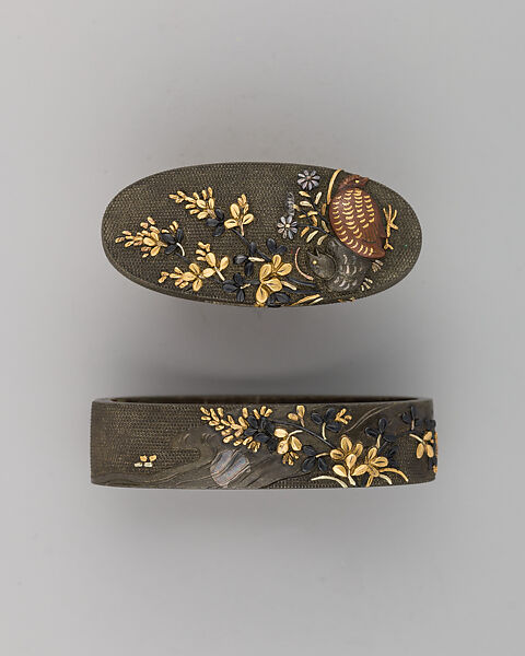 Sword-Hilt Collar and Pommel (Fuchigashira), Copper-silver alloy (shibuichi), gold, copper-gold alloy (shakudō), Japanese