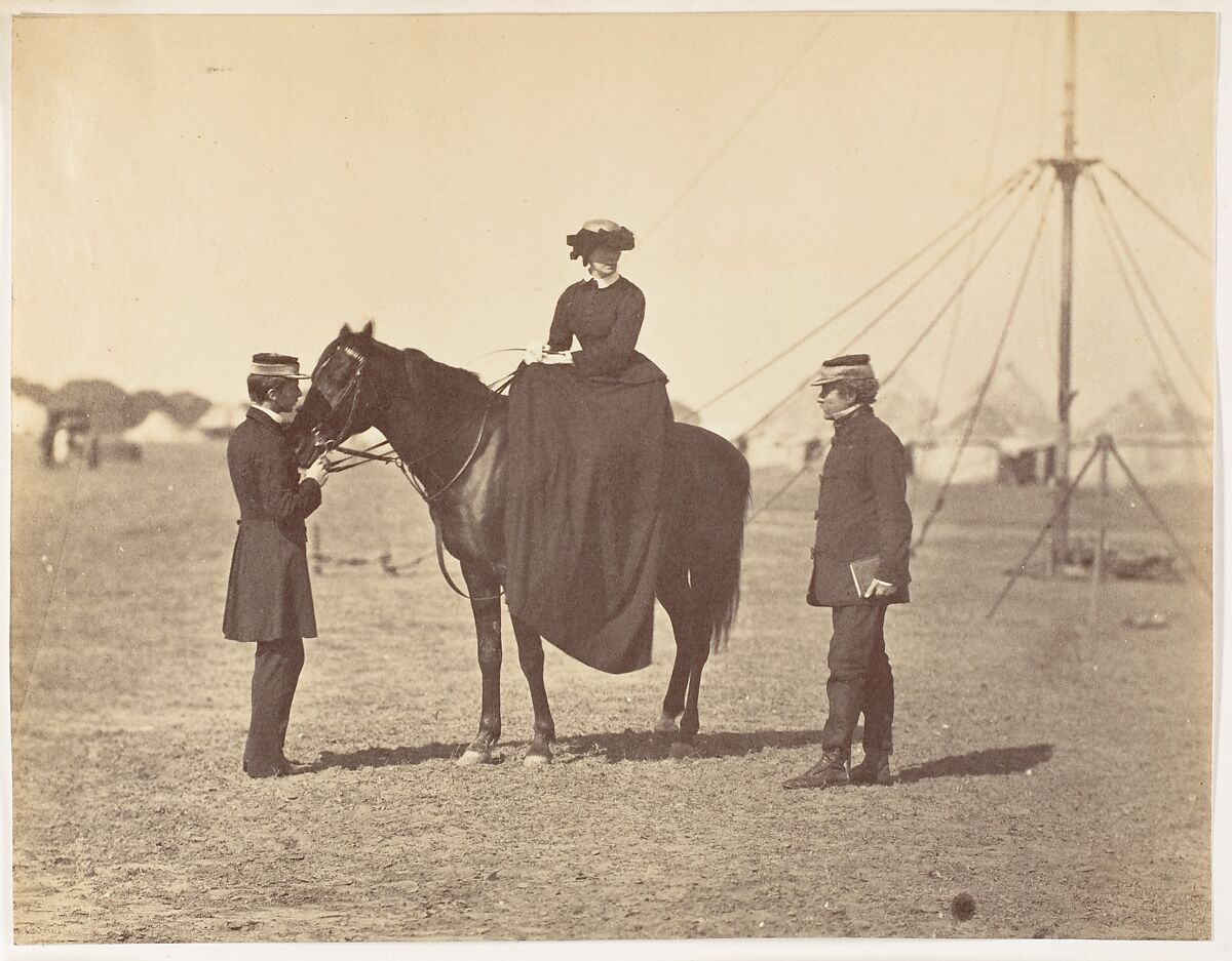 [Lady Canning on her Black Arab and Lord Clyde, Commander in Chief], Jean Baptiste Oscar Mallitte (French, 1829–1905), Albumen silver print 