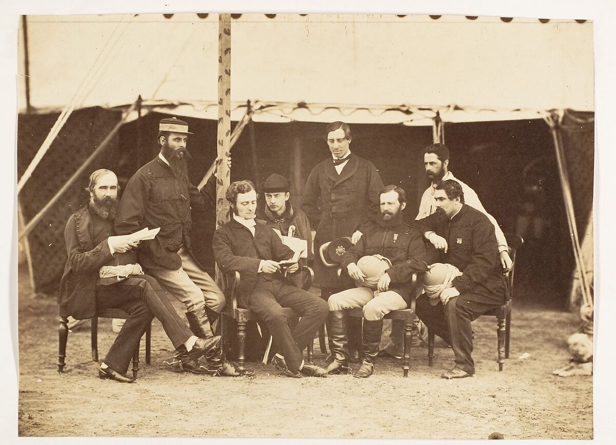 [Group Portrait: (L-R)Col.Yule P.W.D., Major Jones A.D.C., Mr. Walters, Captain Stanley A.D.C., Captain Baring A.D.C., Captain Roberts V.C.D.A.Q.M.G., Captain Hills V.C. A.D.C. and Sir E. Campbell Bart. Mry. Secry.], Unknown, Albumen silver print 