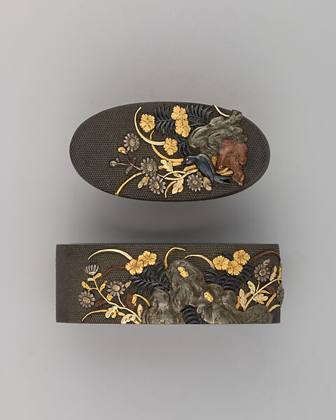 Sword-Hilt Collar and Pommel (Fuchigashira), Copper-silver alloy (shibuichi), gold, copper-gold alloy (shakudō), Japanese 