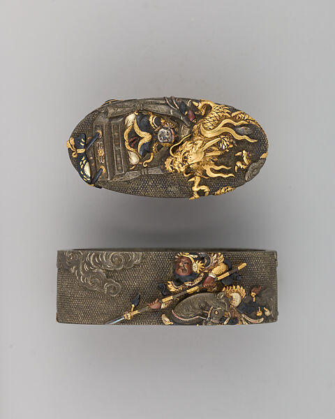 Sword-Hilt Collar and Pommel (Fuchigashira), Copper-silver alloy (shibuichi), gold, copper-gold alloy (shakudō), Japanese 