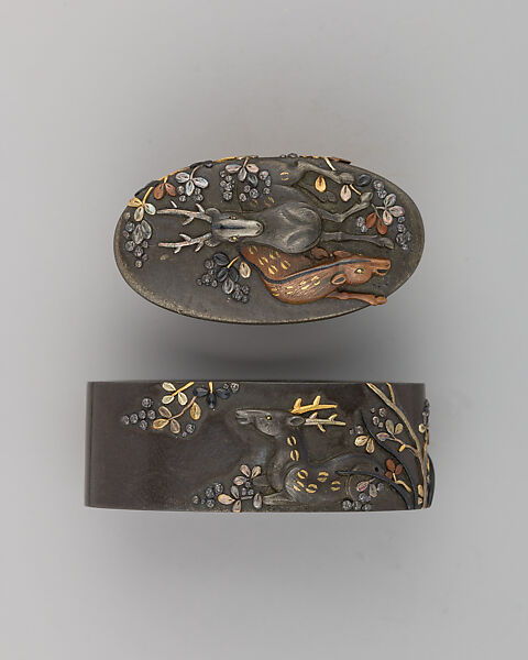 Sword-Hilt Collar and Pommel (Fuchigashira), Copper-silver alloy (shibuichi), gold, copper-gold alloy (shakudō), Japanese