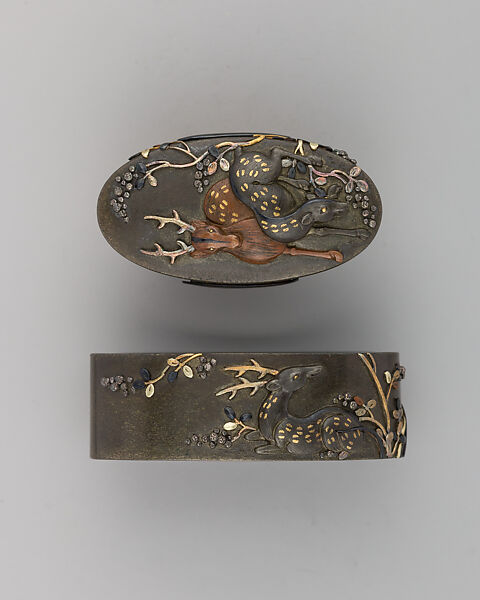 Sword-Hilt Collar and Pommel (Fuchigashira), Copper-silver alloy (shibuichi), gold, copper-gold alloy (shakudō), gold, Japanese 