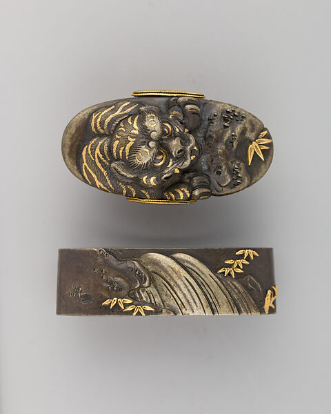 Sword-Hilt Collar and Pommel (Fuchigashira), Copper-silver alloy (shibuichi), gold, Japanese 
