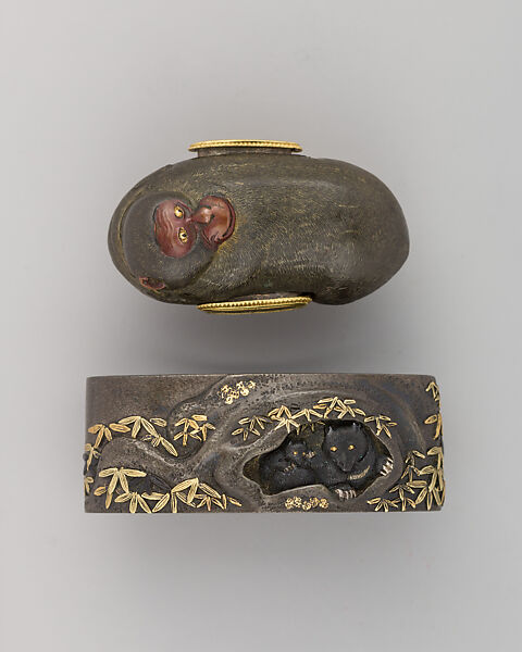 Sword-Hilt Collar and Pommel (Fuchigashira), Copper-silver alloy (shibuichi), gold, copper-gold alloy (possibly shakudō), Japanese 