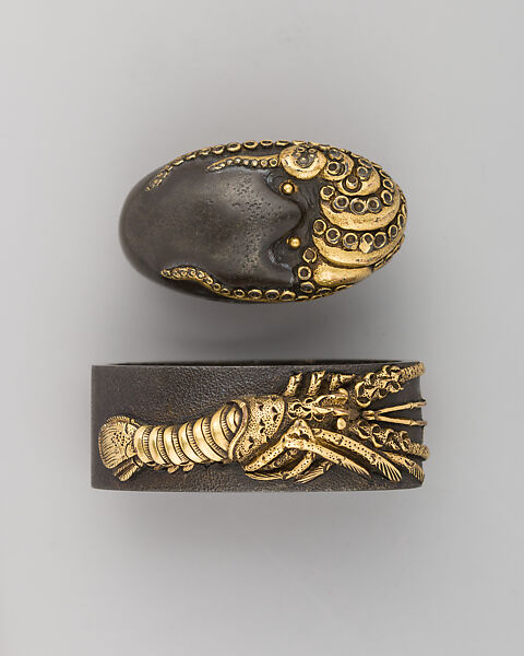 Sword-Hilt Collar and Pommel (Fuchigashira), Copper-silver alloy (shibuichi), gold, Japanese 