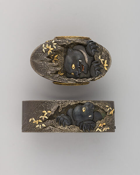 Sword-Hilt Collar and Pommel (Fuchigashira), Copper-silver alloy (shibuichi), gold, copper-gold alloy (shakudō), Japanese 