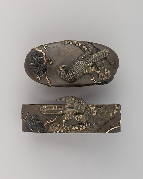Sword-Hilt Collar and Pommel (Fuchigashira), Copper-silver alloy (shibuichi), gold, Japanese 