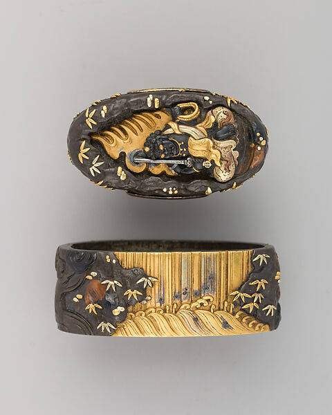 Sword-Hilt Collar and Pommel (Fuchigashira), Copper-silver alloy (shibuichi), gold, copper-gold alloy (possibly shakudō ), Japanese 