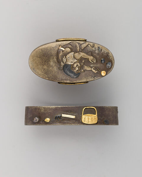 Sword-Hilt Collar and Pommel (Fuchigashira), Copper-silver alloy (shibuichi), gold, copper-gold alloy (shakudō), Japanese 