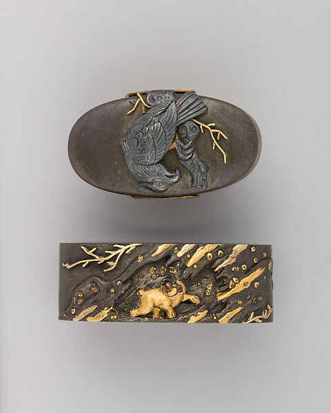 Sword-Hilt Collar and Pommel (Fuchigashira), Copper-silver alloy (shibuichi), gold, Japanese 