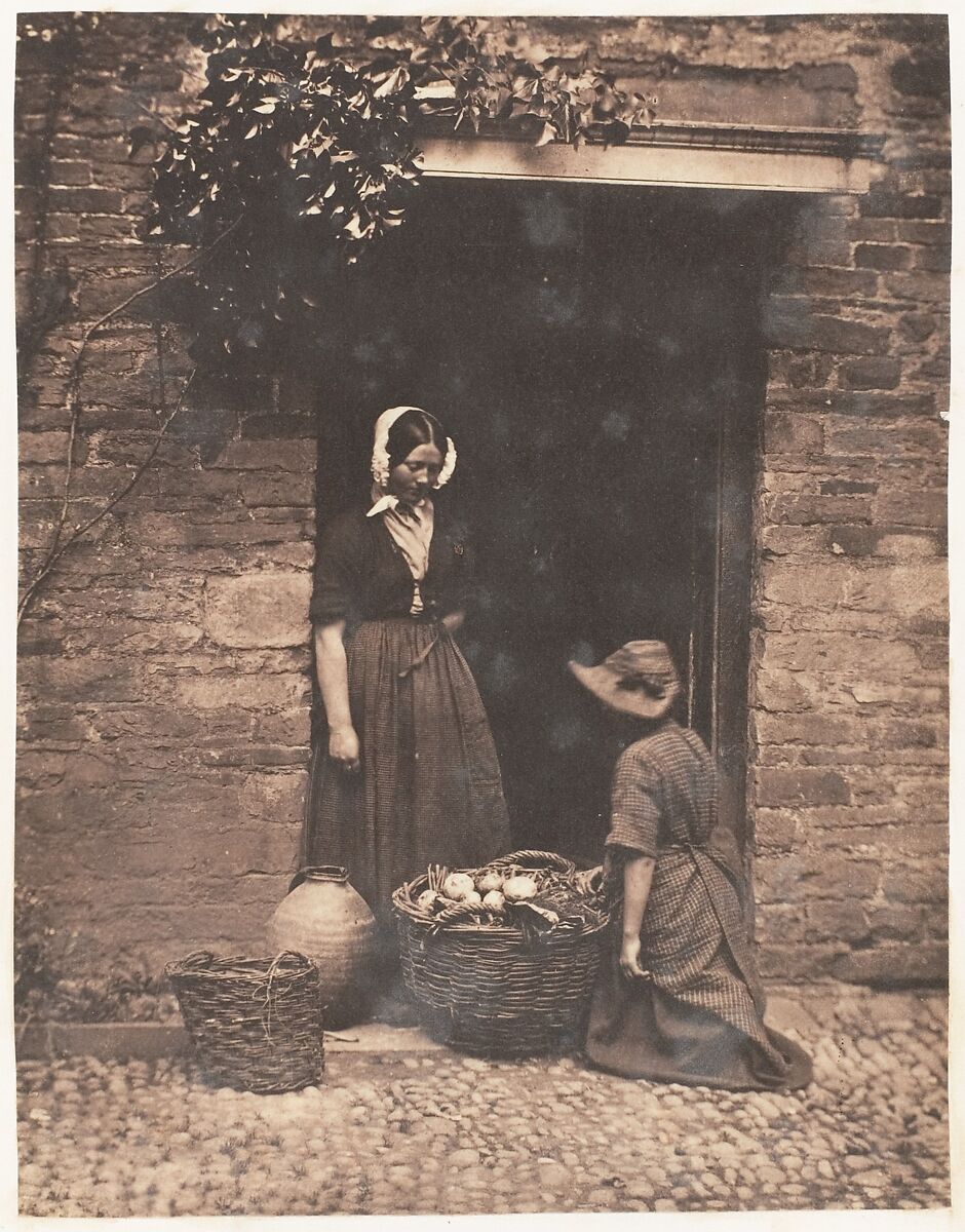 [Two Women, One Kneeling and One Standing, Looking into Basket Filled with Vegetables], John Dillwyn Llewelyn (British, Swansea, Wales 1810–1882 Swansea, Wales), Albumen silver print 