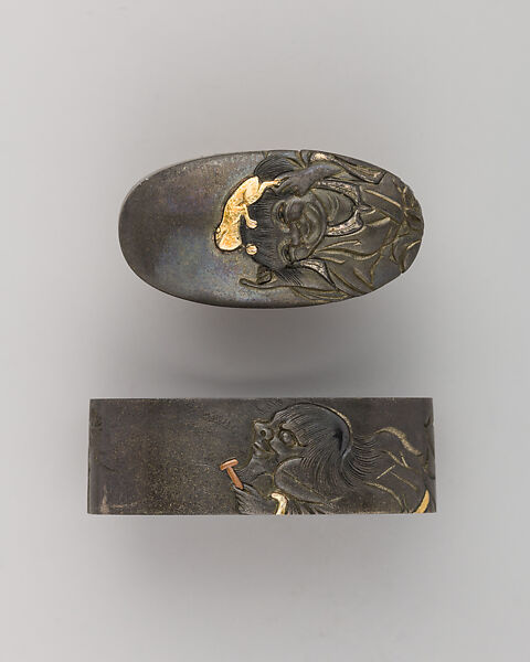 Sword-Hilt Collar and Pommel (Fuchigashira), Copper-gold alloy (possibly shakudō), gold, Japanese 