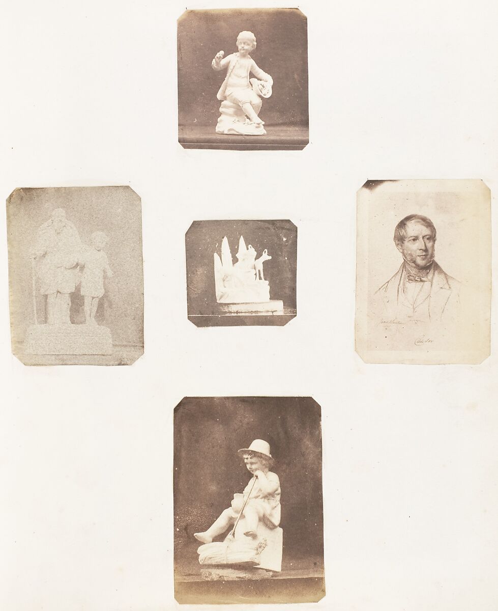 [Figurine of Young Boy Holding Apples; Cabinet Card of a Man; Figurine of a Young Child with a Hat; Sculpture of a Man with Child; Sculpture with Animal], John Dillwyn Llewelyn (British, Swansea, Wales 1810–1882 Swansea, Wales), Salted paper print 