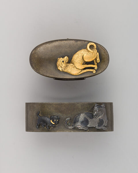 Sword-Hilt Collar and Pommel (Fuchigashira), Copper-silver alloy (shibuichi), gold, copper-gold alloy (shakudō), Japanese 