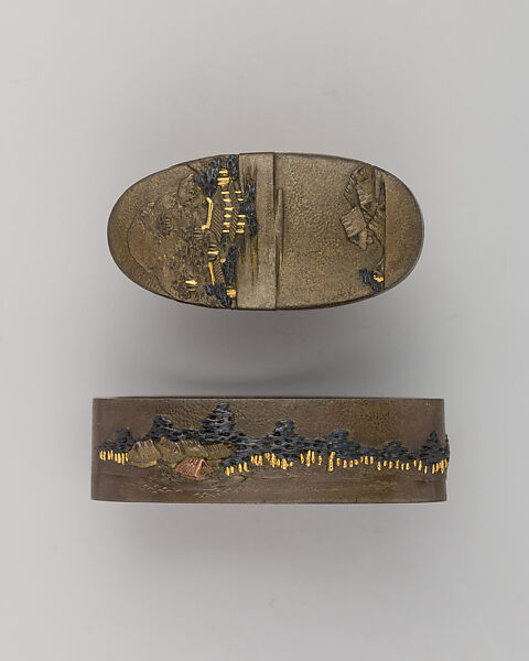 Sword-Hilt Collar and Pommel (Fuchigashira), Copper-silver alloy (shibuichi), gold, copper-gold alloy (shakudō), Japanese 