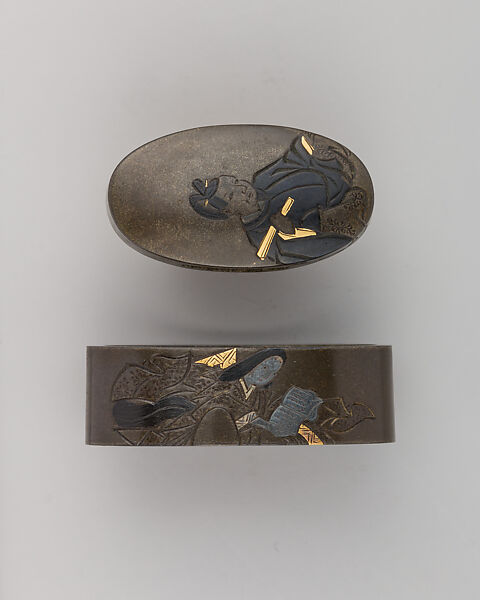 Sword-Hilt Collar and Pommel (Fuchigashira), Copper-gold alloy (shakudō), gold, Japanese 