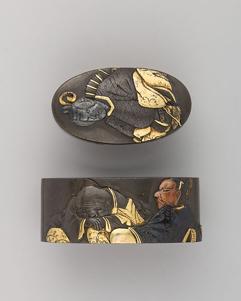 Sword-Hilt Collar and Pommel (Fuchigashira), Copper-silver alloy (shibuichi), gold, Japanese 