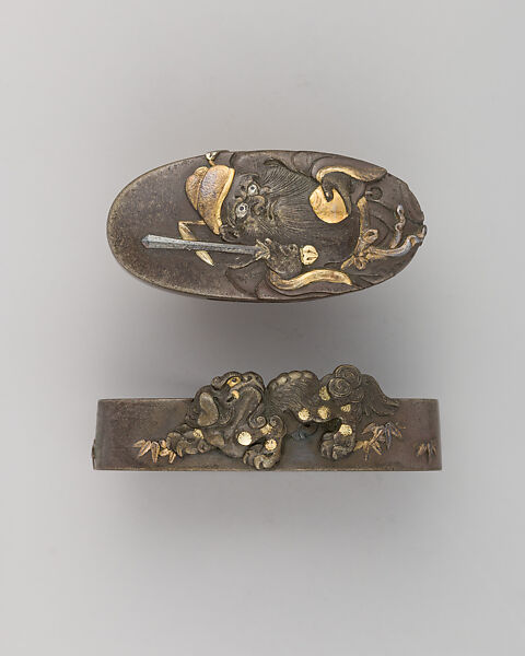 Sword-Hilt Collar and Pommel (Fuchigashira), Copper-silver alloy (shibuichi), gold, Japanese 