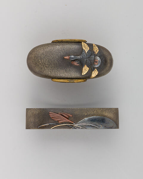 Sword-Hilt Collar and Pommel (Fuchigashira), Copper-silver alloy (shibuichi), gold, Japanese 