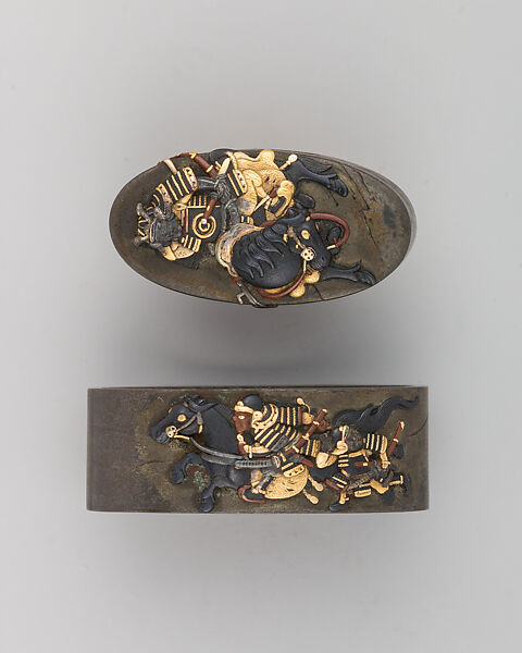 Sword-Hilt Collar and Pommel (Fuchigashira), Copper-silver alloy (shibuichi), gold, Japanese 