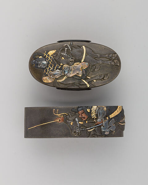 Sword-Hilt Collar and Pommel (Fuchigashira), Copper-silver alloy (shibuichi), gold, Japanese 
