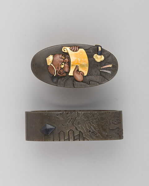 Sword-Hilt Collar and Pommel (Fuchigashira), Copper-silver alloy (shibuichi), gold, copper-gold alloy (shakudō), Japanese 