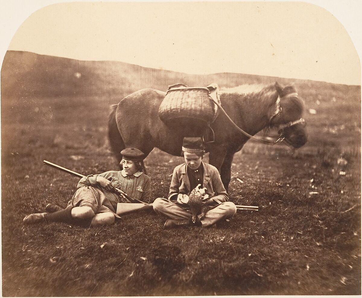 [Charlie and Peel Ross with Horse after a Hunt], Horatio Ross (British, Rossie Castle, near Montrose, Scotland 1801–1886 Scotland), Albumen silver print 