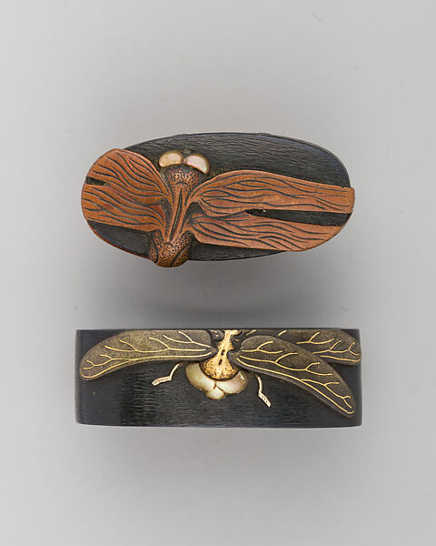 Sword-Hilt Collar and Pommel (Fuchigashira), Copper-gold alloy (shakudō), gold, copper-silver alloy (shibuichi), Japanese 