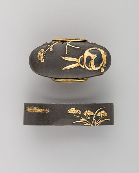Sword-Hilt Collar and Pommel (Fuchigashira), Copper-silver alloy (shibuichi), gold, Japanese 