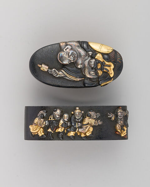 Sword-Hilt Collar and Pommel (Fuchigashira), Copper-gold alloy (shakudō), gold, Japanese 