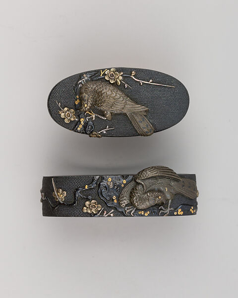 Sword-Hilt Collar and Pommel (Fuchigashira), Copper-gold alloy (shakudō), gold, Japanese 