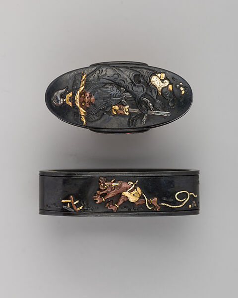 Sword-Hilt Collar and Pommel (Fuchigashira), Copper-gold alloy (shakudō), gold, Japanese 