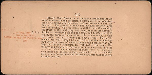 [Group of 4 Stereograph Views of Berlin Beer Gardens], Strohmeyer &amp; Wyman (American), Albumen silver prints
