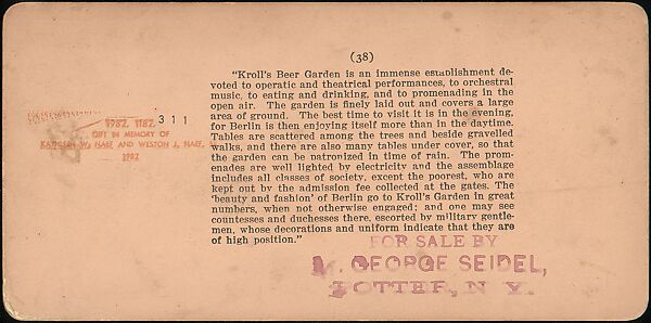 [Group of 4 Stereograph Views of Berlin Beer Gardens], Strohmeyer &amp; Wyman (American), Albumen silver prints