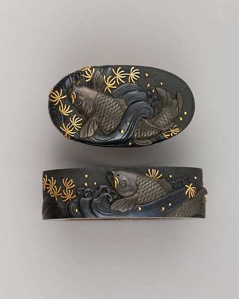 Sword-Hilt Collar and Pommel (Fuchigashira), Copper-silver alloy (shibuichi), gold, Japanese 