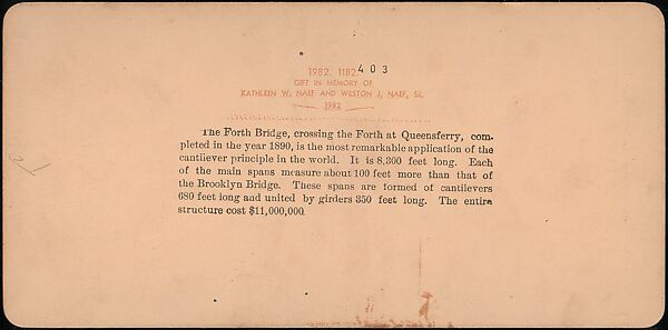 [Group of 7 Stereograph Views of the Forth Bridge, Queensferry, Scotland], International Stereoscopic View Company (American), Albumen silver prints