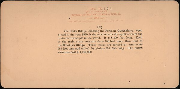 [Group of 7 Stereograph Views of the Forth Bridge, Queensferry, Scotland], International Stereoscopic View Company (American), Albumen silver prints