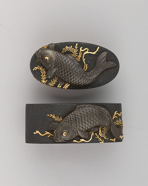 Sword-Hilt Collar and Pommel (Fuchigashira), Copper-gold alloy (shakudō), gold, Japanese 