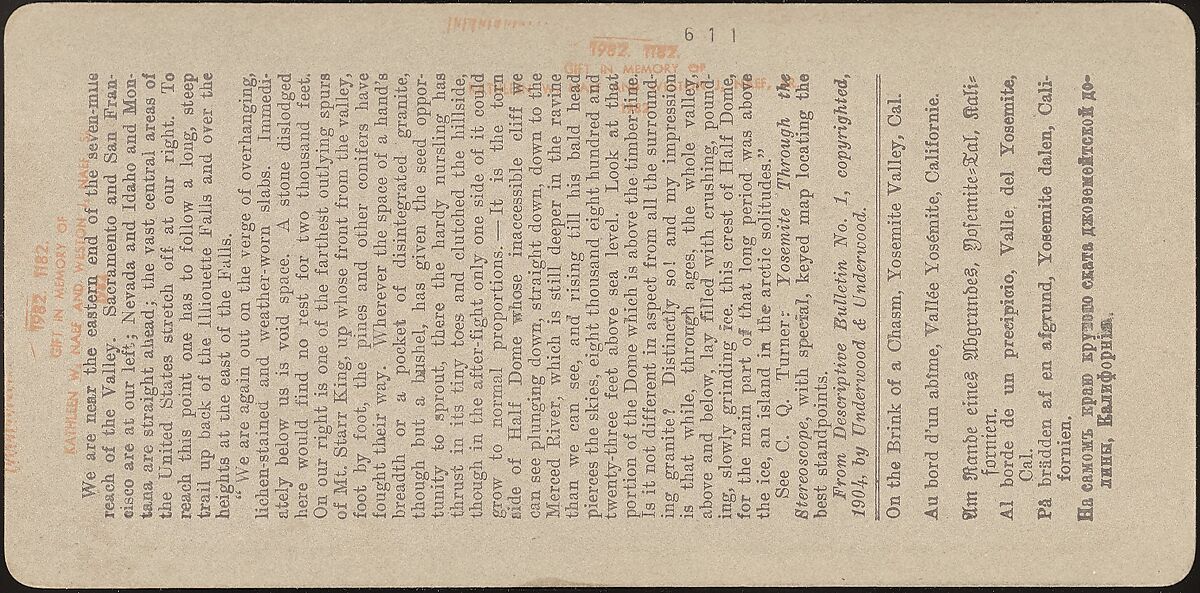 [Group of 23 Stereograph Views of Yosemite Valley Housed in Original Publisher's Box], Underwood &amp; Underwood (American), Albumen silver prints