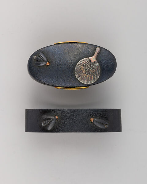 Sword-Hilt Collar and Pommel (Fuchigashira), Copper-gold alloy (shakudō), gold, Japanese 