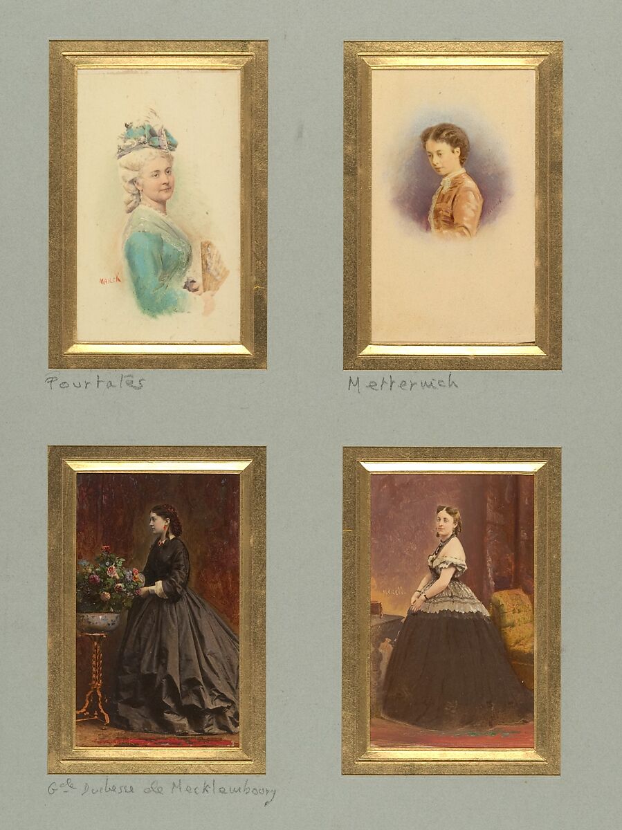 [Pourtalès, Metternich, Grande Duchesse de Mecklemboury, and Unknown Sitter], Pierre-Louis Pierson (French, 1822–1913)  , et al, Albumen silver prints from glass negatives with applied color 