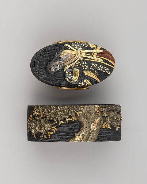 Sword-Hilt Collar and Pommel (Fuchigashira), Copper-gold alloy (shakudō), gold, copper-silver alloy (possibly shibuichi), Japanese 