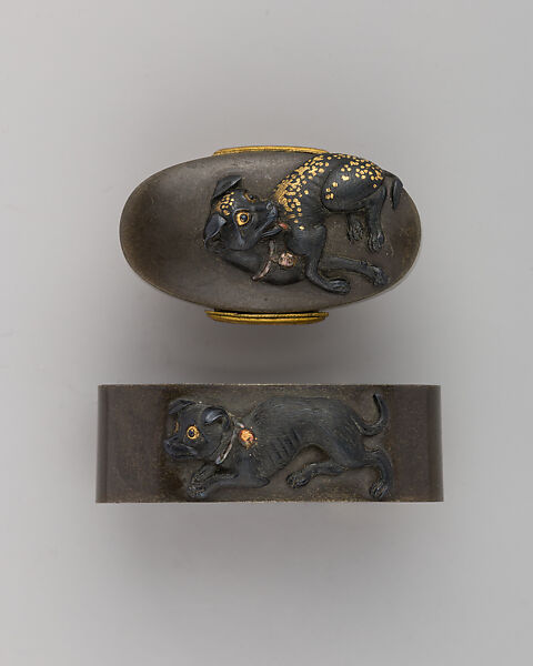 Sword-Hilt Collar and Pommel (Fuchigashira), Copper-silver alloy (shibuichi), gold, Japanese 