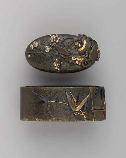 Sword-Hilt Collar and Pommel (Fuchigashira), Copper-silver alloy (shibuichi), gold, copper-gold alloy (shakudō), Japanese 