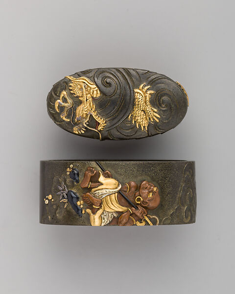Sword-Hilt Collar and Pommel (Fuchigashira), Copper-silver alloy (shibuichi), gold, copper-gold alloy (shakudō), Japanese 