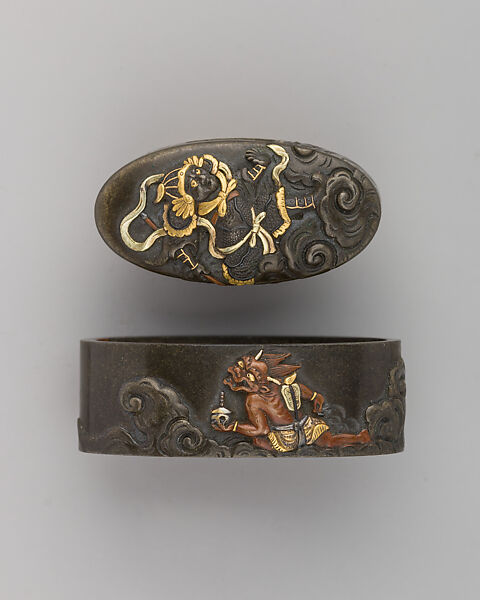 Sword-Hilt Collar and Pommel (Fuchigashira), Copper-gold alloy (shakudō), gold, Japanese 