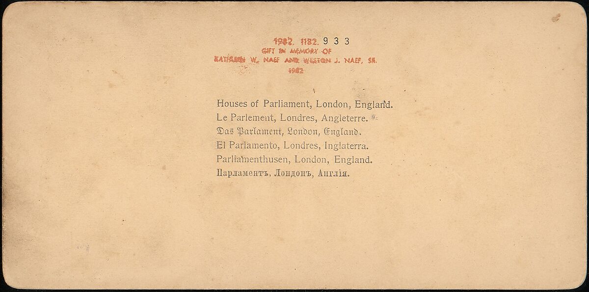 [Group of 5 Stereograph Views of the Houses of Parliament, London, England], Stereoscopic Gems, Albumen silver prints
