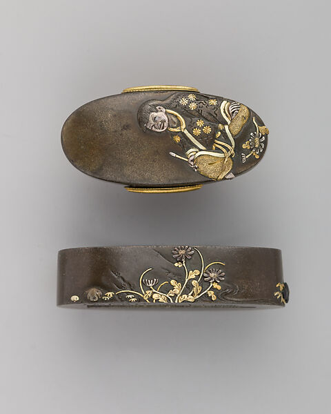 Sword-Hilt Collar and Pommel (Fuchigashira), Copper-silver alloy (shibuichi), gold, Japanese 
